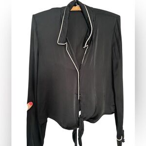 Wilfred Aritzia Black Cupro Tie-Front Blouse White Piping Long Sleeve